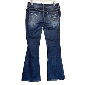 Womens 32x32 Flare Leg Jeans Dark Wash Thick Stitch Back Pocket Embroidery